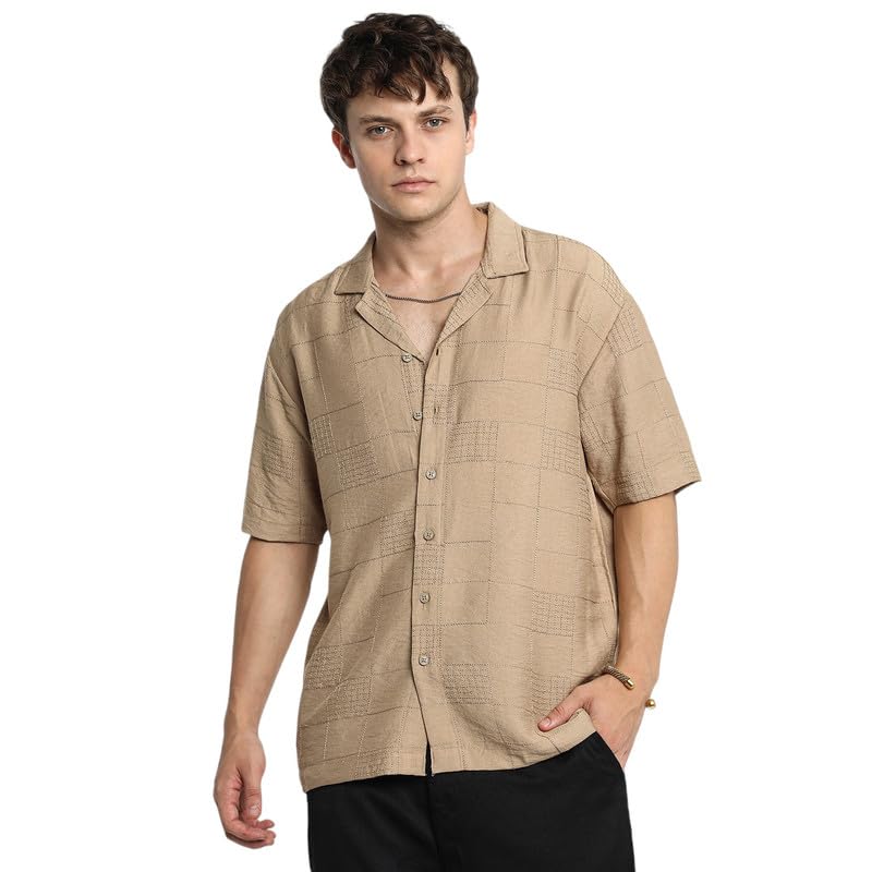 Campus Sutra Men’s Polyester Patterned Overd Shirt |Casual-Wear | Cuban Collar | Short Sleeve | Button Closure | Overd Shirt Crafted with Comfort Fit for Everyday Wear