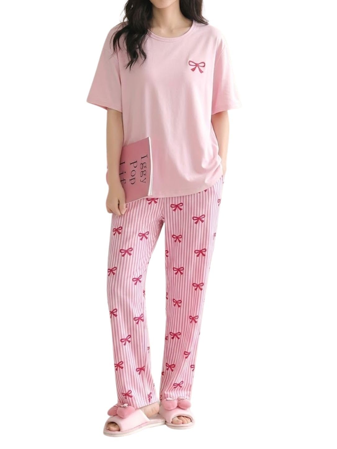 SHIENZY Womens Korean Night Dress | Round Neck Short Sleeve Top & Cute Bow Print Pyjama Set | Soft & Breathable Nightwear, Loungewear, Sleepwear for Women | Everyday Nightsuit(1714_PNK_M)
