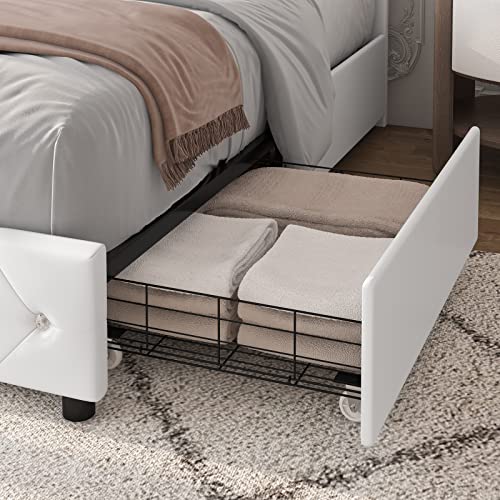 Keyluv Queen Upholstered Led Bed Frame With 4 Storage Drawers And Adjustable Crystal Button Tufted Headboard, Platform Bed With Solid Wooden Slats Support, No Box Spring Needed, White #TOP3
