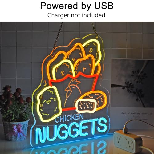 Image of Chicken Nuggets Neon Sign, Neon Lights Hanging Wall Art Decoration for Business Restaurant Shop Store House Bar Cafe Party Home Decor, USB Powered Ultra Bright Dimmable,14.57x12.6inches