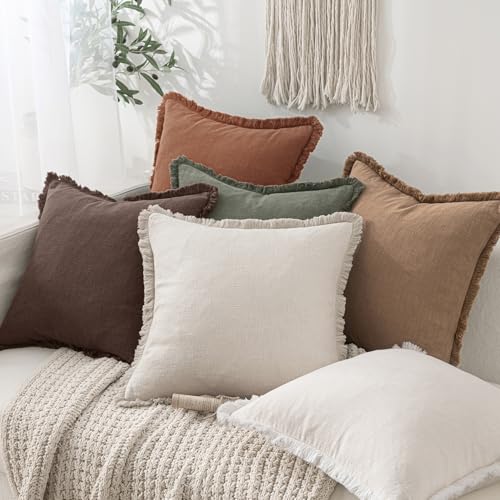 Image of MIULEE Decorative Throw Pillow Covers Neutral Linen Fringe Throw Pillows Euro Shams Set of 2 Dark Brown Boho Farmhouse Cushion Covers for Couch Sofa Bed Living Room Fall Home Decor 24x24 Inch