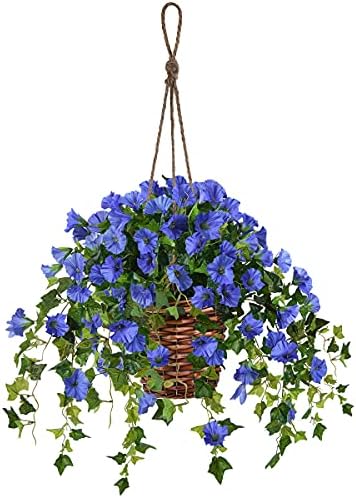 INQCMY Artificial Hanging Flowers in Basket Outdoor Indoor Patio Lawn Garden Decor, Centerpieces,Fake Silk Hanging Basket Morning Glories Flowers Plants with Coconut Lining Flowerpot (Blue)
