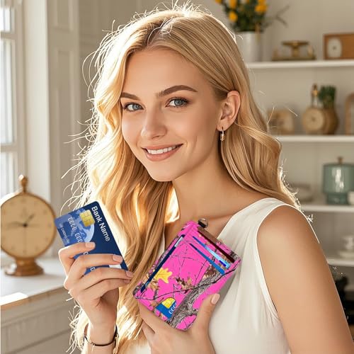 Ultra-Thin Front Pocket Wallet with Wrist Strap, RFID Blocking Security Pockets for Business Card Holder, PU Leather Secure Multi-slot Card Pocket, Pink Sky Camo Tree2