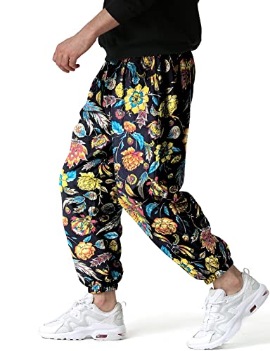 LucMatton Pantalon de survêtement ample décontracté en coton pour homme avec imprimé fantaisie, Noir/jaune, 34-37 Cover