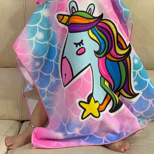 Image of Famyo Poncho Towel for Kids | Hooded Micro-Fiber Bath Towels | 60 x 60cm Toddler Pool Towel for Boys & Girls, 1-7 Years (Pink & Blue Unicorn)