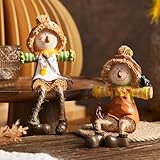 FESTGLOX Scarecrow Fall Decor, 2Pcs Harvest Scarecrow Figurines Indoor Fall Shelf Sitters with Dangling Legs, Resin Small Scarecrow for Autumn Thanksgiving Tabletop, Farmhouse Decor