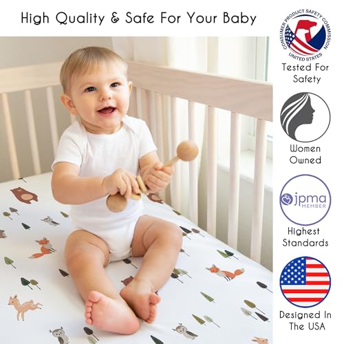 Image of Sweet Jojo Designs Baby Mini Crib Sheets (Woodland Animals) for Girls & Boys, Newborn, Infants /Nursery Room, Fitted Portable Pack and Play Mattress Sheet (Sage Green, Watercolor, Forest Animal Friend)