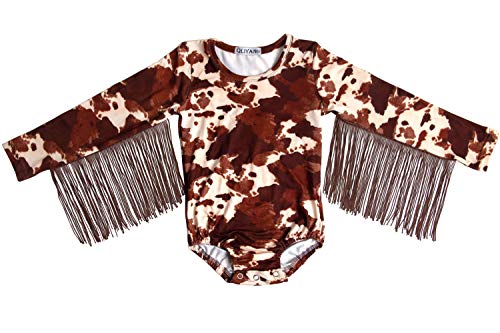 Image of QLIyang Toddler Baby Girl Cow Print Long Sleeves Bodysuit Newborn Romper Jumpsuit Outfit Casual Infant Clothes with Tassels 6-12M
