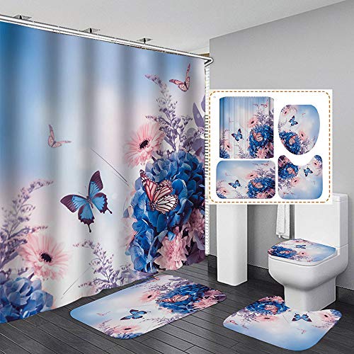 NEWSUYAA 4 Pcs Shower Curtains Sets,Blue Colorful Flower But