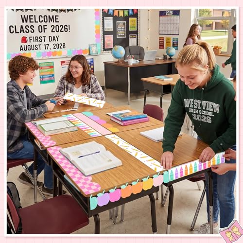 Image of 60 Pcs 69 ft Pastel Bulletin Board Borders Back to School Classroom Decor Pencil Dot Apple Crayon Die-Cut Border Trims for School Teacher Classroom Blackboard Decoration