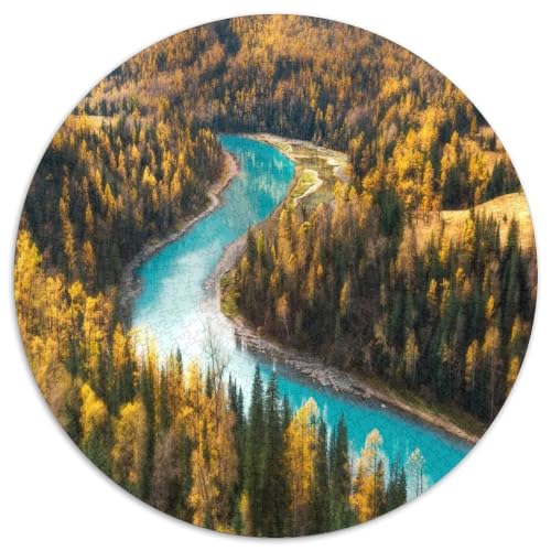 Puzzle de 1000 piezas con diseño redondo de río serpenteante y un colorido paisaje de bosque