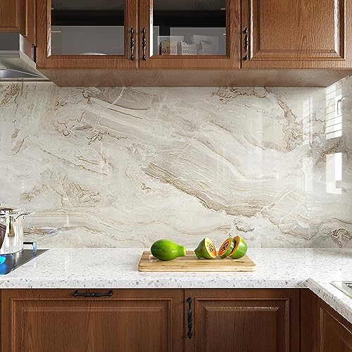 VEELIKE 15.7\'\'x118\'\' Beige Gold Liquid Marble Contact Paper for Countertops Peel and Stick Waterproof Granite Countertop Paper Self Adhesive Marble Wallpaper Vinyl Roll for Kitchen Bathroom Table Wall
