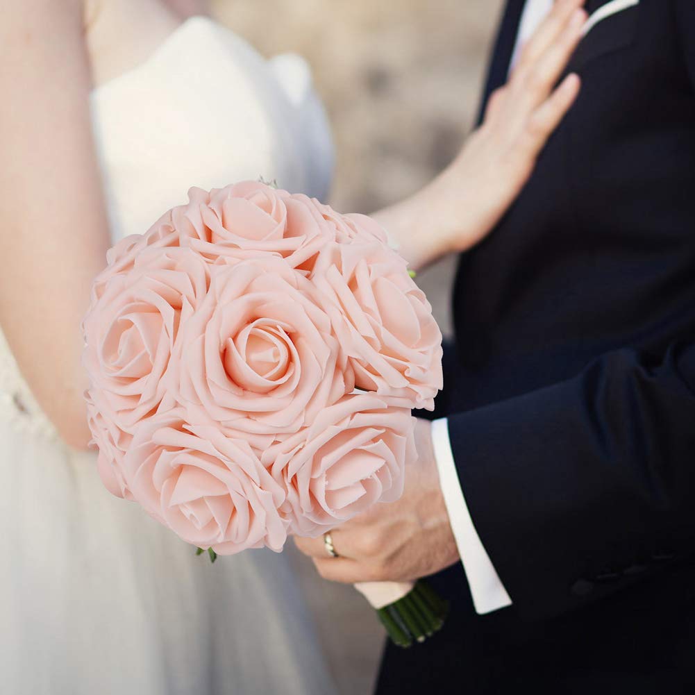 Weslymoo 25個 ブラッシュピンクローズ 造花 茎付き リアルな見た目 フォームローズ DIY ウェディングブーケ ブライダルシャワー センターピース パーティー ｜Serwalin 造花 フェイクスプリングピンクフラワー、ケーキ