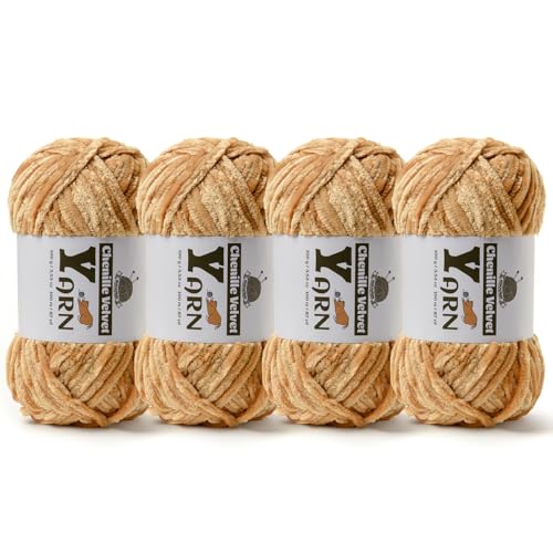 Image of 4 Pack Plush Chenille Chunky Yarn - Fluffy Velvet Yarn Crochet for Blanket Knitting and Crocheting - Soft Baby Yarns for Crocheting - Amigurumi Crochet Yarns 100g (87yds) (4 Khaki)