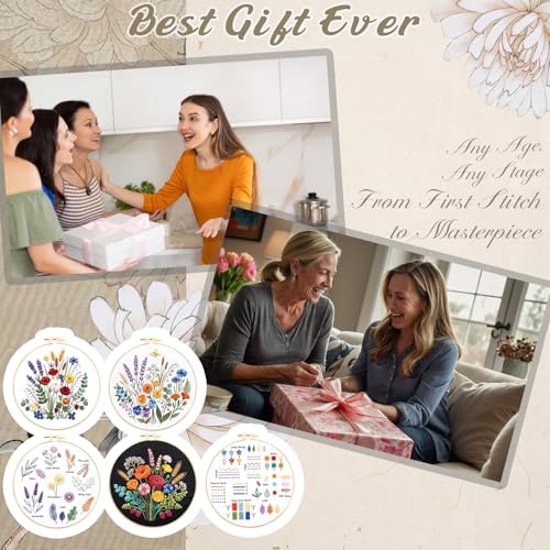 Image of Yinder 5 Set Starter Embroidery Kit for Beginners Boho Cross Stitch with Patterns Embroidery Hoops Instructions Floss Punch Needlepoint Kits Crafts DIY Adult Beginner Cross Stitch (Flowers)