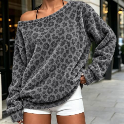 Leopard Print Sweatshirt Women Off Shoulder Oversized Fleece Pullover Tops - image 3