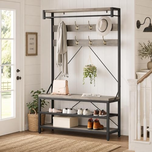 IDEALHOUSE Industrial Hall Tree with Bench and Shoe Storage, 3-in-1 Entryway Mudroom Organizer with 8 Coat Hooks, Heavy Duty Standing Clothes Rack for Hallway, Gray