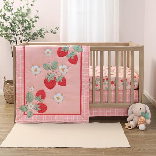 The Peanutshell Strawberry Sweet 3-Piece Baby Girl Crib Bedding Set – Pink Nursery Bedding, Crib Comforter & Decor for Newborns and Toddlers