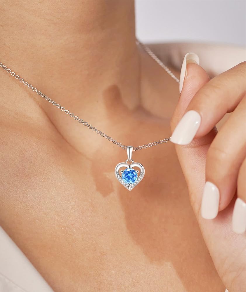 Heart Necklace for Women,925 Sterling Silver Birthstone Pendant, Sterling Silver Necklace Pendant with Titanium Steel Chain 18",Women's Jewelry Gift for Birthday - Image 6