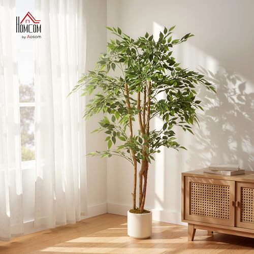 HOMCOM Plante Artificielle intérieure 150 cm Banian Arbre Artificiel, Pot en Plastique et Tronc en Bois Massif, Fausse Plante Vert décoration pour Maison, Bureau, Salon, Chambre – Image 3