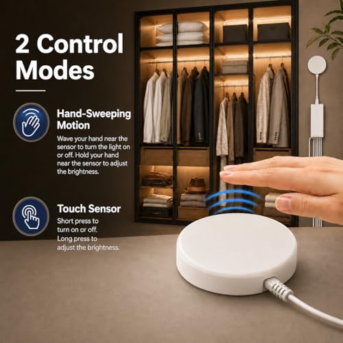 Image of COB LED Strip Lights, 12V Cabinet Light 6x6.56FT, 3000K Cuttable DIY LED Strip with Hide Touch and Hand Sweep Dimmer Switch Kit for Cabinet Showcase Kitchen Acoustic Panel Decoration Shelf Lighting
