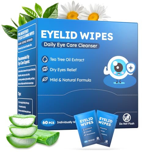 60PCS Tea Tree Oil Eyelid Wipes for Dry Eyes &amp; Blepharitis, Soothe &amp; Clean