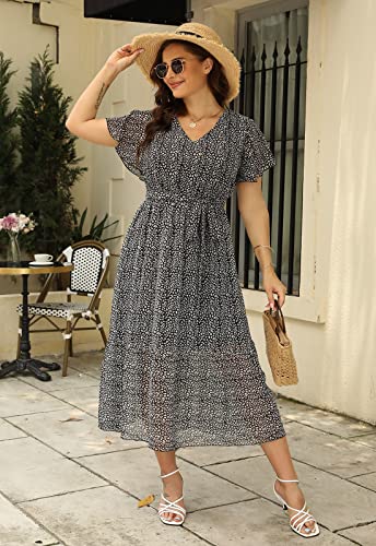 Image of Nemidor Plus Size Women Casual Maxi Dresses Print Bobo Belted Layered Chiffon Summer Long Dress with Ruffle Sleeve