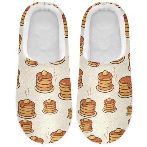 JUNZAN Cartoon Pancake Butter Syrup Beige Cotton Slippers for Men Lightweight Memory Foam Travel Slippers for Hotel Funny Presents 6-7