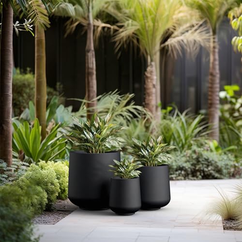 Image of Kante Set of 3 Black Concrete Curved Round Planters for Modern Home | Handcrafted, Premium, Durable, All-Weather Cement Pot, Drainage for Outdoor, Rubber Plug for Indoor Home, Anti-Frost & UV