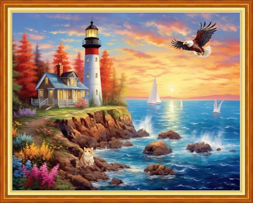 Image of Findvoor Stamped Cross Stitch Kits for Beginner Embroidery Kits for Beginners Adults DIY 11CT Cross Stitch Patterns Needlepoint Kits Crossstitching Kits-Seaside Lighthouse 16x20 inch