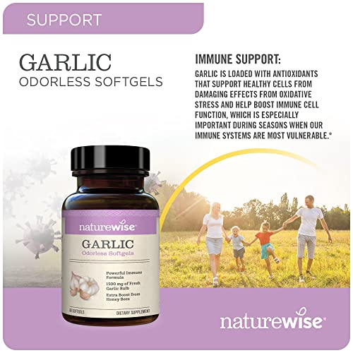 NatureWise Garlic Odorless Softgels 1500mg Support Teeth & Immune System Health with Antioxidants & Bee Pollen | Garlic Clove Support, 60 Count - Image 4