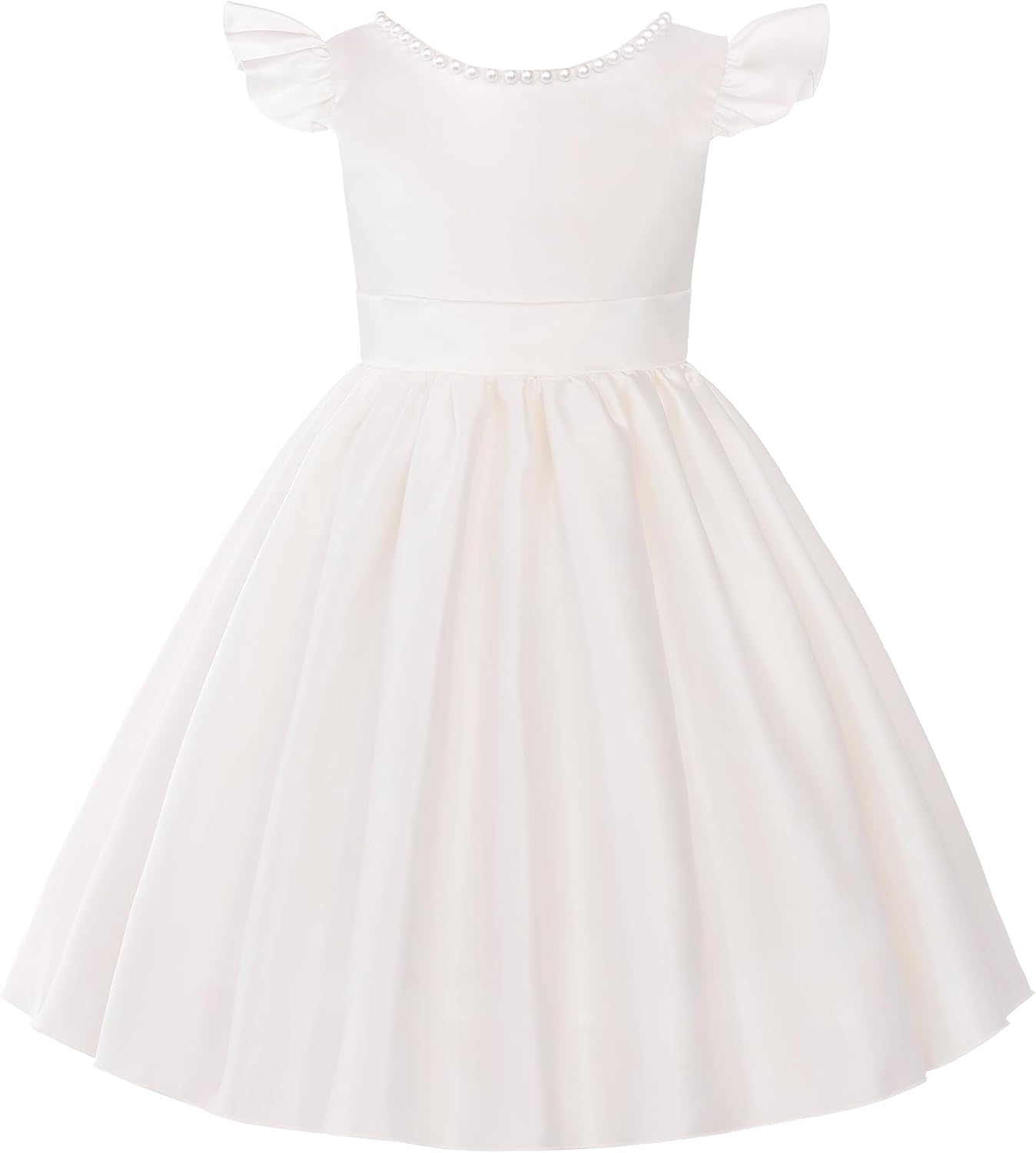 Uhnice Flower Girl Satin Dress with Pearls Flutter Sleeves V Back Gown with Removable Bow for Wedding Birthday Party - Image 2