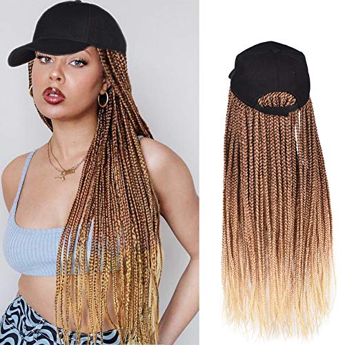 Baseball Cap Wig 24inch Long Ombre Blonde Synthetic Braiding Hair Extensions Black Cap with Braided Box Braids for Women Girls (B-70)