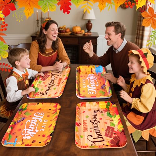Vesici 4 Pack Thanksgiving Melamine Serving Trays, 13 x 10 Inch Rectangular Autumn Platters with Turkey & Harvest Designs, Durable Serving Plates for Holiday Buffet, Friendsgiving, Snacks & Appetizers by Vesici - Image 6