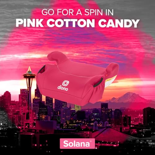Image of Diono Solana, No Latch, Single Backless Booster Car Seat, Lightweight, Machine Washable Covers, Cup Holders, Pink Cotton Candy