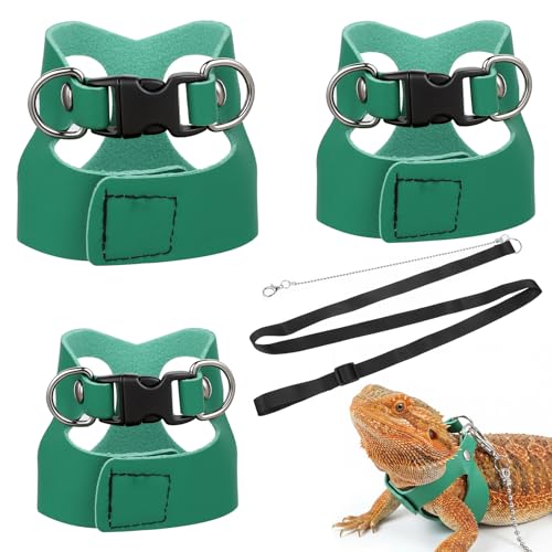 3 Pack Bearded Dragon Leash and Harness Set 3 Size Adjustable Lizard Harness Bearded Dragon Outfits for Reptile Small Animals Training Walking Easy to Put on and Take Off (Green)