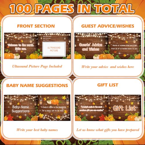 Image of Fuyoooo 27 Pcs Rustic Little Pumpkin Baby Shower Guest Book Baby Shower Sign in Guest Book Reception with Sonogram Page Keepsake Includes Gold Pen Table Card and Adhesive Photo Corner for Birthday