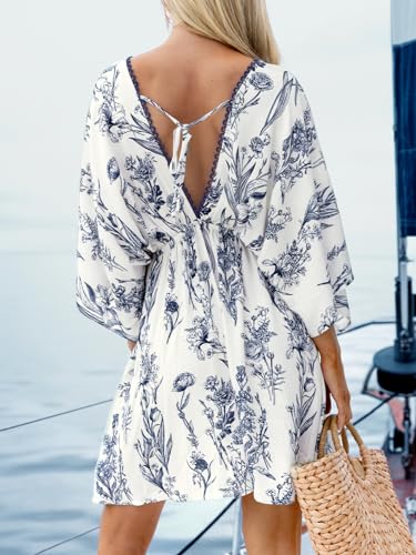 CUPSHE Women's Plunging V Neck Backless Beach Dress Paisley Boho Blouson Sleeve Back Tie Waist Tie Mini Summer Dresses2