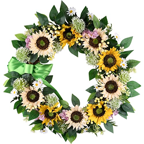 23Inch Spring Wreath Sunflower Front Door Wreath With Hydrangea Wild Chrysanthemum Bowknot White Ball And Small Fruit For Spring Summer And Fall Home Door Window Decorative Wreath #TOP10