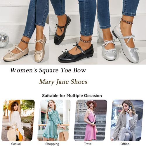 Women's Ballet Flats with Strap – Mary Jane Flats for Women Comfortable Dressy Silver Shoes, Vintage Square Toe Slip On Flats 5