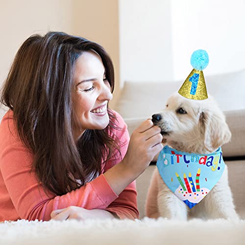 4 pieces Dog Birthday Hat, Cute Bow Tie Scarf Dog Birthday Bandana with Birthday Numbers Dog Party Hat Kit for Dog or Puppy Birthday Decor (Blue) - Image 4