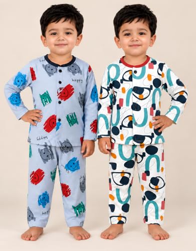 Image of 3BROS Kids Pure Cotton Night Suit Set | Boys Girls Printed Sleepwear Shirt & Pajama Clothing Combo | Soft Breathable Night Dress Outfit | Pack of 2