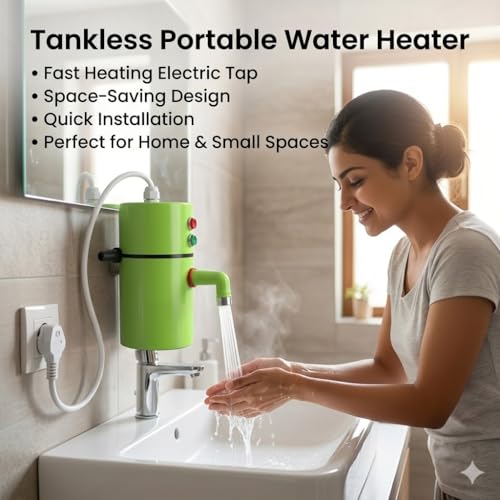 Image of Instant Electric Water Heater with Copper Heating Element, Durable ABS Body & Auto Shut Off Protection, Portable Fast Heating Geyser for Bathroom & Kitchen Use