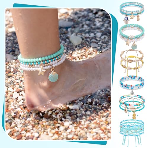 Image of Junkin 22 Pcs 4 Sets Multilayer Beach Anklet Bracelets for Women Boho Bead Seashell Anklets Girls Trip Gift Hawaiian Beach Seashell Starfish Ocean Foot Nautical Jewelry Gifts