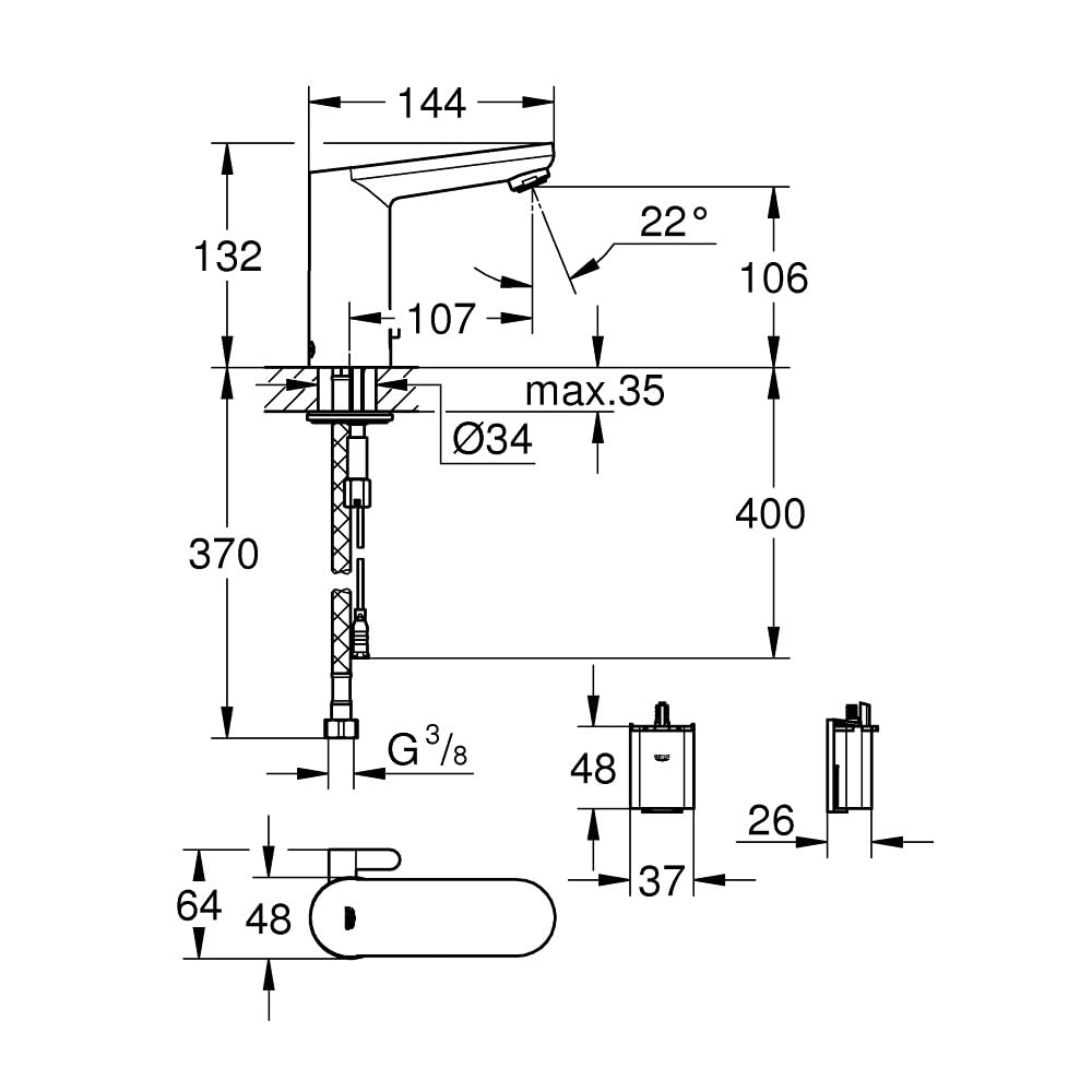 GROHE Mitigeur Lavabo Infrarouge avec Limiteur de Température Ajustable Eurosmart Cosmopolitan E 36327001