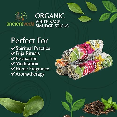Ancient Veda Joy Organic White Sage Smudge Sticks with Flowers for Cleansing Home, Meditation, Yoga, Healing and Smudging | Sustainably Sourced California White Sage Bundles (3 Pack - 4 Inch) - Thumbnail 5