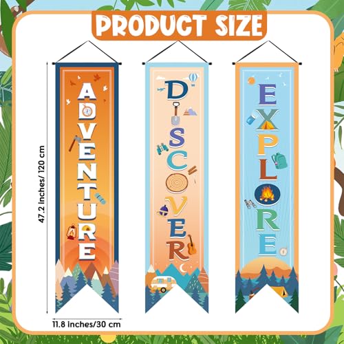 Image of Chiisong 3 Pieces Boho Camper Party Decorations Adventure Discover Explore Porch Signs Camping Hanging Backdrops for Indoor Outdoor Home Bar Birthday Photo Props Door Wall Party Decor Supplies