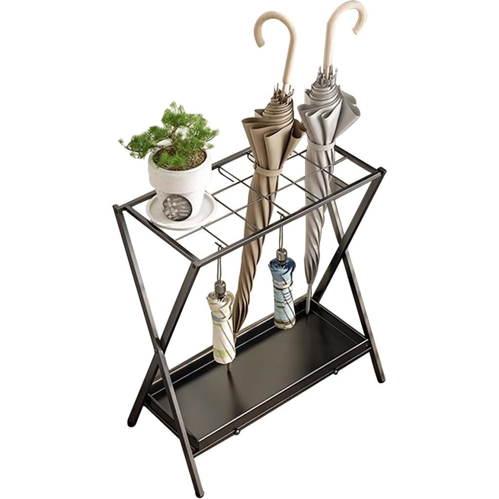 SBJKLYRN umbrella stand, Large Capacity, Household Umbrella Container, with Drain Tray and Hooks, for Living Room(Black)