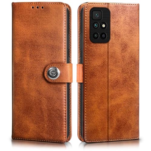 Image of WOW IMAGINE Shock Proof Flip Cover Back Case for Xiaomi Mi Redmi 10 Prime (Magnetic Button Flip Case | Wallet Pockets & Stand | Leather Finish | Alder Brown)