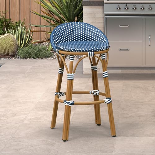 Image of PURPLE LEAF Patio Oversized Backrest Bar Height Stool Set of 1 Outdoor Round Barstools Aluminum Frame in Bamboo Finish Woven Rattan for Indoor Kitchen Dining Bistros Cafe Restaurant Navy Blue